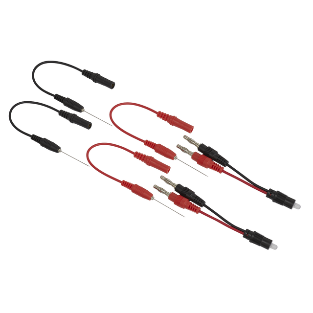 Image showing the Sealey Noid Light Test Lead Set 6pc - NLTS01, featuring six black and red multimeter probes equipped with various connectors including banana plugs, alligator clips, and needle tips. Ideal for diagnostic testing in applications such as automotive 12V actuators.