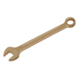 The Sealey Combination Spanner 16mm - Non-Sparking - NS007 is a gold-colored crescent wrench made from Beryllium Copper, featuring an open-end side and a WallDrive® ring combination side, marked with the number 16 in the center. It's perfect for those seeking premier non-sparking safety tools.
