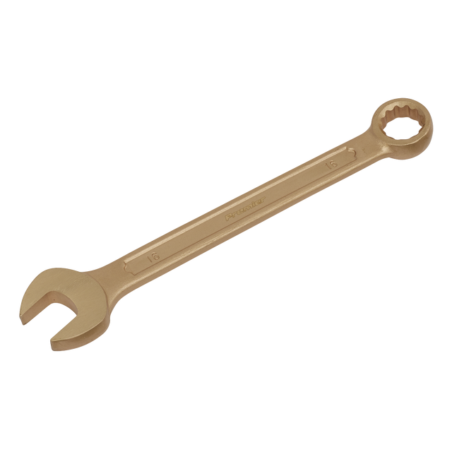 The Sealey Combination Spanner 16mm - Non-Sparking - NS007 is a gold-colored crescent wrench made from Beryllium Copper, featuring an open-end side and a WallDrive® ring combination side, marked with the number 16 in the center. It's perfect for those seeking premier non-sparking safety tools.