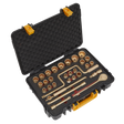 A black and yellow tool case containing the 31-piece 1/2" square drive Socket Set from Sealey, including various non-sparking Beryllium Copper socket wrenches and attachments organized in foam compartments for professional use.
