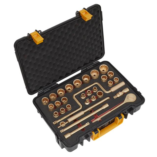 A black and yellow tool case containing the 31-piece 1/2" square drive Socket Set from Sealey, including various non-sparking Beryllium Copper socket wrenches and attachments organized in foam compartments for professional use.