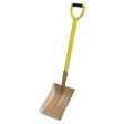 The Square Shovel 240 x 418 x 990mm - Non-Sparking - NS106 by Sealey features a yellow handle and a flat beryllium copper blade designed for scooping and moving materials, and comes with a lifetime guarantee.