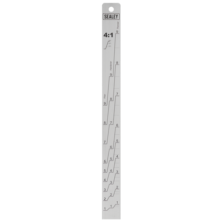 A Sealey Aluminium Paint Measuring Stick 2:1/4:1 features parallel lines and numeric scales marked for various angles. Its double-sided design ensures accurate ratios, and a hole at the top allows for convenient hanging, making it a versatile tool.