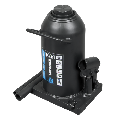 The Sealey Bottle Jack 20 Tonne - PBJ20S, designed for lifting vehicles, features a durable machine-welded body and an overload valve for added safety. The 2-piece handle ensures easy operation, and clear instructions are printed on the jack's body.