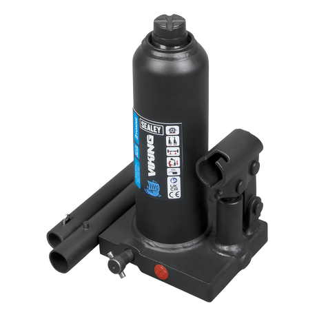 The Sealey Bottle Jack 2tonne - PBJ2S is a black hydraulic bottle jack with a blue label, equipped with an overload valve and a two-piece handle for added convenience.