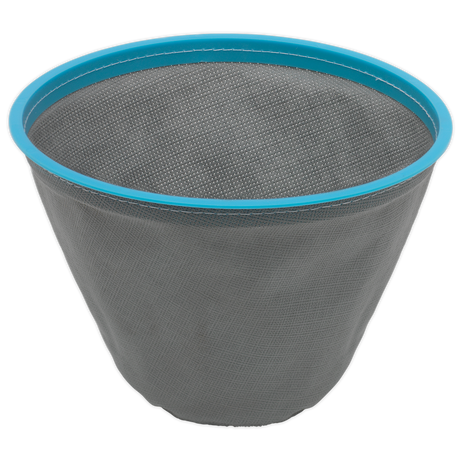 The Sealey Washable Cloth Filter for PC102 and PC102HV (PC102CF) is a mesh strainer with a blue rim, perfect for sifting or draining food items.