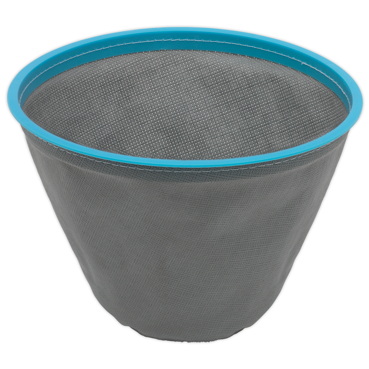The Sealey Washable Cloth Filter for PC102 and PC102HV (PC102CF) is a mesh strainer with a blue rim, perfect for sifting or draining food items.