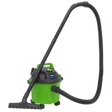 The Sealey Vacuum Cleaner Wet & Dry 10L 1000W/230V - Green (PC102HV), featuring a large cylindrical body, flexible hose, and wide nozzle attachment, offers efficient cleaning in a lightweight design.