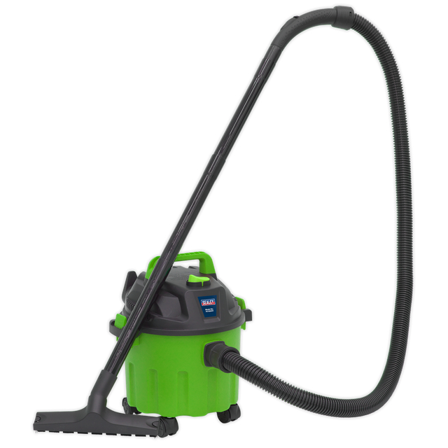 The Sealey Vacuum Cleaner Wet & Dry 10L 1000W/230V - Green (PC102HV), featuring a large cylindrical body, flexible hose, and wide nozzle attachment, offers efficient cleaning in a lightweight design.