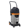 The Sealey Vacuum Cleaner Cyclone Wet & Dry 30L Double Stage 1200W/230V - PC300BL is a stainless steel vacuum cleaner with black and orange accents, featuring multi-cyclonic technology, a 30L stainless steel collection drum, wheels for easy mobility, and a top handle for convenient portability.