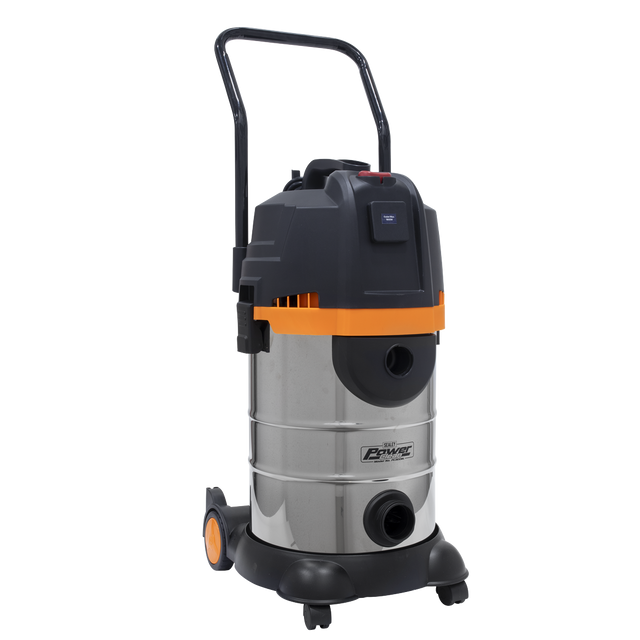 The Sealey Vacuum Cleaner Cyclone Wet & Dry 30L Double Stage 1200W/230V - PC300BL is a stainless steel vacuum cleaner with black and orange accents, featuring multi-cyclonic technology, a 30L stainless steel collection drum, wheels for easy mobility, and a top handle for convenient portability.