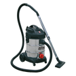 The Sealey PC300SD Industrial Vacuum Cleaner is a 30-liter stainless steel wet/dry unit with a powerful 1400W/230V motor. It features a flexible hose, handle, wheels for easy mobility, and a stylish black top with attachments and a red power button on the front.