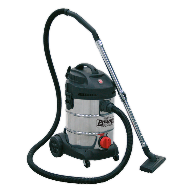 The Sealey PC300SD Industrial Vacuum Cleaner is a 30-liter stainless steel wet/dry unit with a powerful 1400W/230V motor. It features a flexible hose, handle, wheels for easy mobility, and a stylish black top with attachments and a red power button on the front.