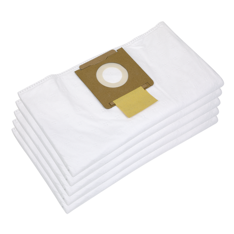 A pack of five folded Dust Bag M Class vacuum cleaner bags with cardboard attachments, compatible with Sealey Industrial Vacuum Cleaners like the PC380M and PC380M110V.