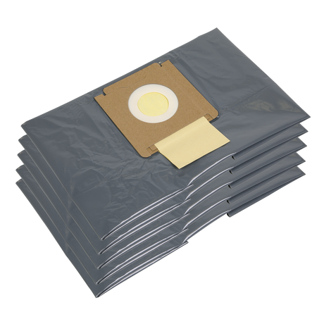A pack of five Tank Liner M Class vacuum cleaner bags for the PC380MTL model, each with a 38L capacity from Sealey. One bag is displayed upright, showcasing the cardboard collar and yellow closure sticker. Ideal for industrial vacuum cleaners.