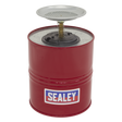 A Sealey Plunger Can 3.8L (PC38) featuring a red finish, equipped with a pump mechanism, a metal grease plate on top, and an added flash arrestor for enhanced safety.