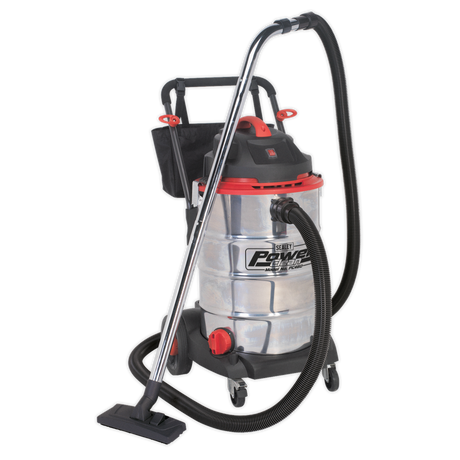 The Sealey Vacuum Cleaner Wet & Dry 60L Stainless Drum 1600W/230V - PC460 features an industrial-grade stainless steel drum and includes a black EVA crush-resistant hose and nozzle attachment, all mounted on wheels for easy portability.