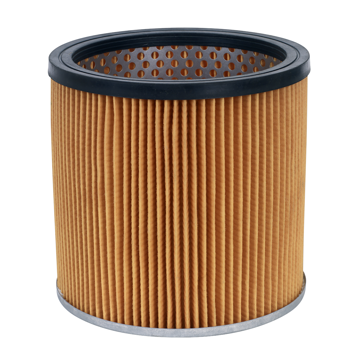 Introducing the Sealey Reusable Cartridge Filter for PC477 - PC477.PF: a cylindrical filter featuring pleated paper material, encased in a metal mesh with rubberized top and bottom edges.