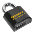 The Steel Body Combination Padlock 62mm - PL603, featuring the brand name "Sealey" Premier Line printed in yellow on its black body, ensures maximum security with its heavy-duty construction.