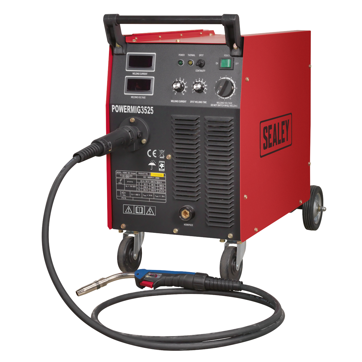 A red and black welding machine labeled "Professional MIG Welder 250A 415V 3ph with Binzel® Euro Torch - POWERMIG3525" by Sealey is on wheels and comes with a connected welding torch, featuring a heavy-duty electronic wire drive motor.