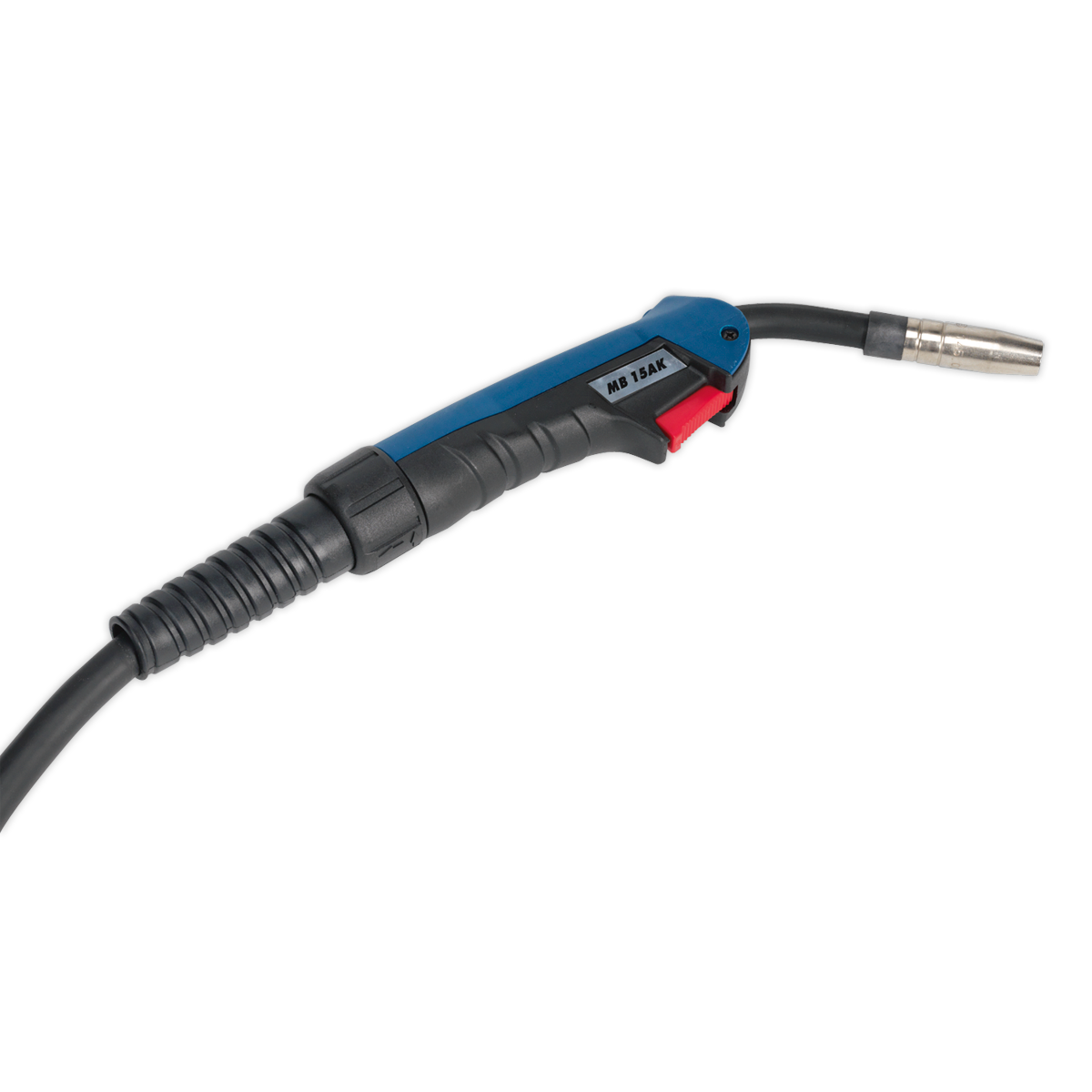 Introducing the Sealey Professional MIG Welder 250A 415V 3ph with Binzel® Euro Torch - POWERMIG3525, featuring a sleek black and blue design with a red trigger and a durable metallic tip. This high-performance welding torch includes an industrial Argon/CO2 regulator and is connected to a reliable heavy-duty electronic wire drive motor via a sturdy black cable.