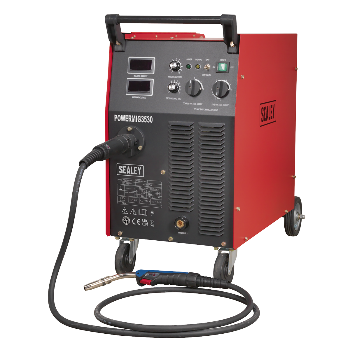 A red Sealey Professional MIG Welder 300A 415V 3ph, model POWERMIG3530, with a black control panel, dials, and an attached Binzel® Euro welding torch. It features a heavy-duty electronic wire drive motor for enhanced precision and stands on wheels for easy mobility.