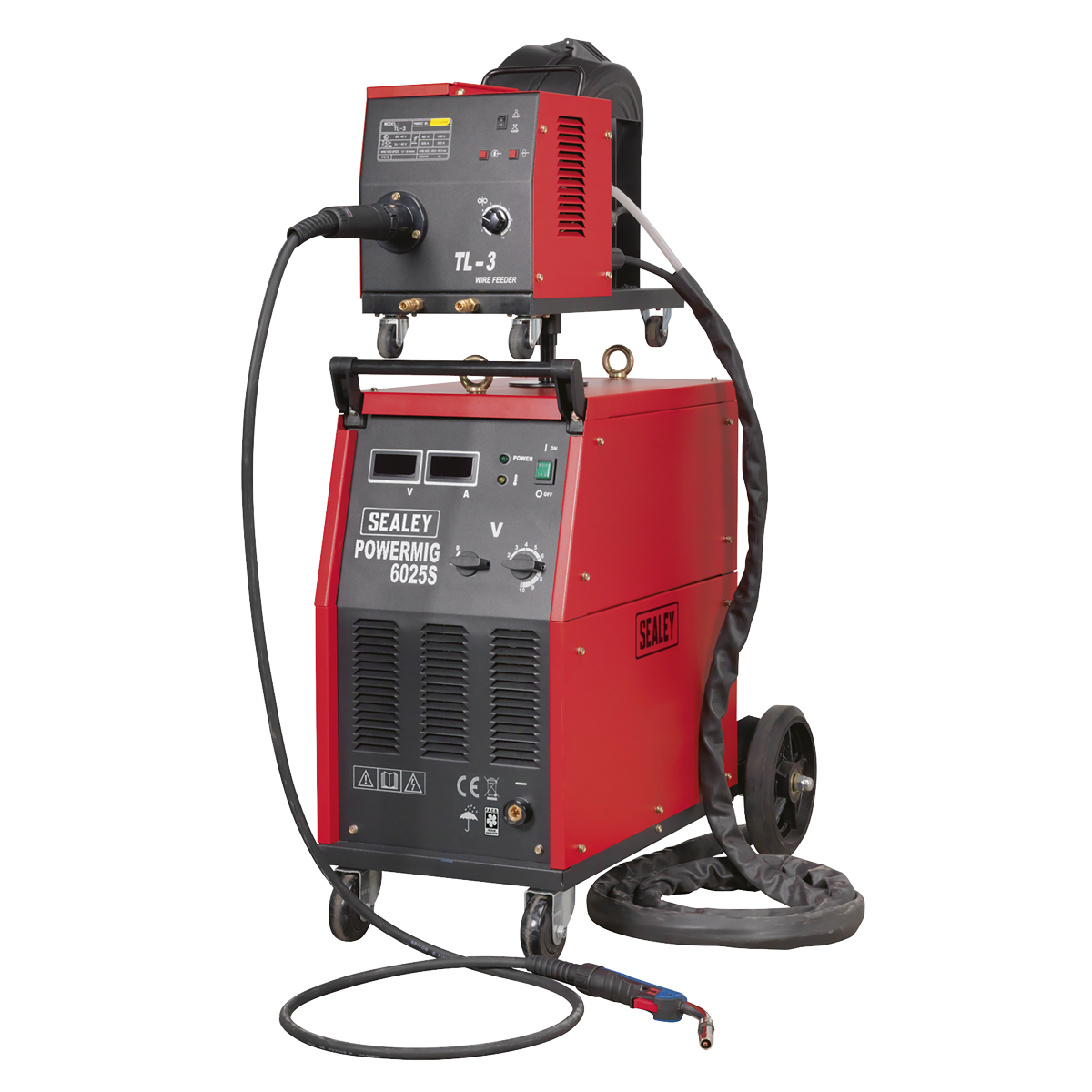 The Sealey Professional MIG Welder 250A 415V 3ph with Binzel® Euro Torch & Portable Wire Drive - POWERMIG6025S features a heavy-duty electronic wire drive motor, complete with a connected control unit and cables, including a hose and welding torch for optimal functionality.