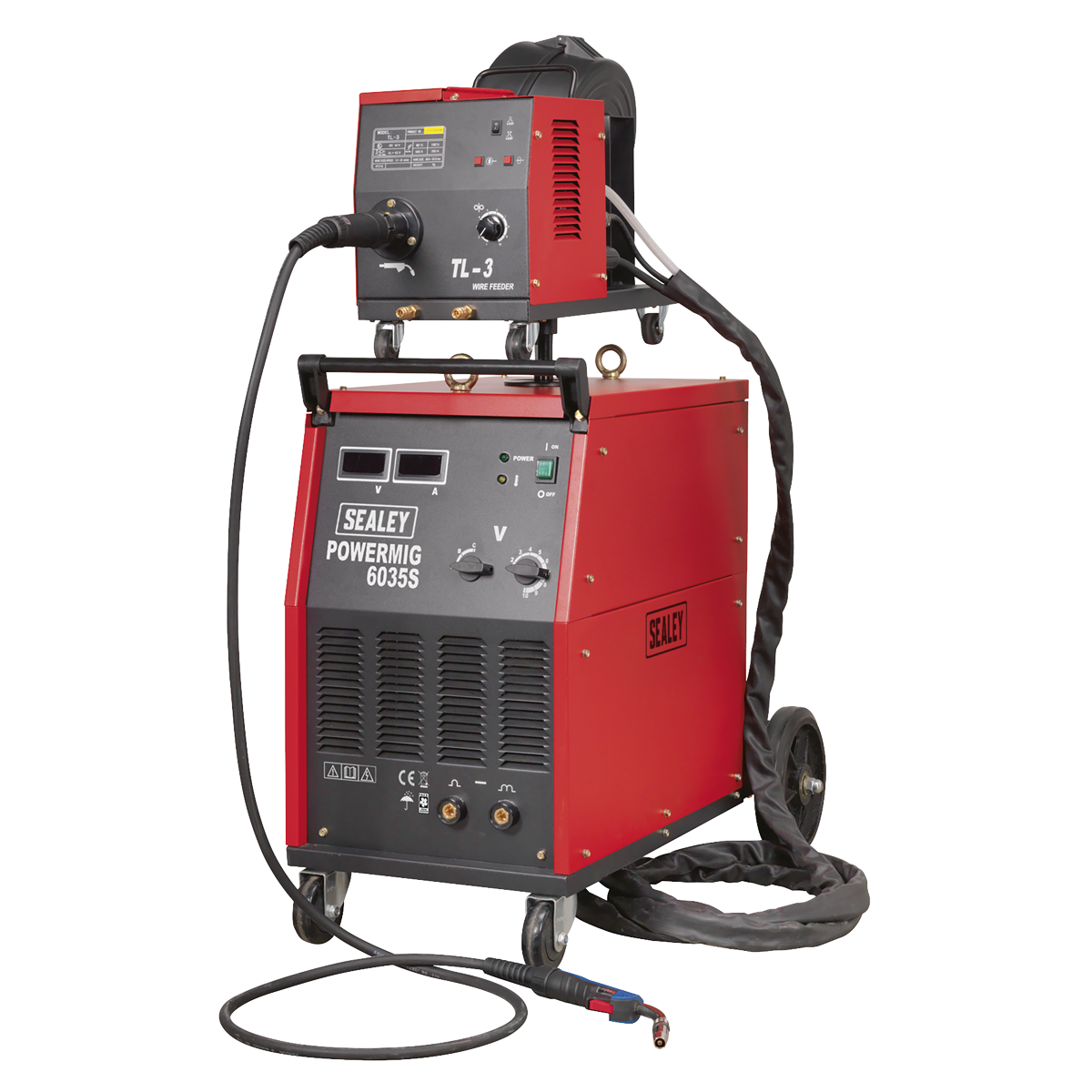 The Sealey Professional MIG Welder 350A 415V 3ph with Binzel® Euro Torch and Portable Wire Drive - POWERMIG6035S features a heavy-duty electronic wire drive motor and industrial transformer, comes with an attached TL-3 unit on top, cables, and a control panel, all on wheels for easy mobility.