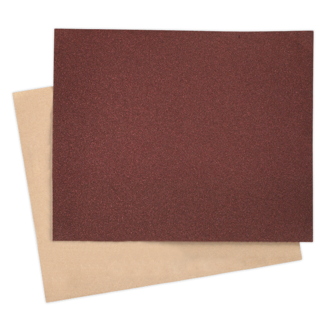 Two sheets of Sealey Production Paper (230 x 280mm, 60 Grit, Pack of 25 - PP232860), one brown and one beige, ideal for sanding and shaping filler, overlap each other.