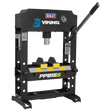 The Sealey Viking Hydraulic Press 15tonne Bench Type - PPB15S features a robust heavy-duty steel frame with an elegant black finish. It is equipped with a pressure gauge and a lever on the right side for control. Additionally, the press includes two yellow components below the press mechanism, ensuring it is designed to handle tough jobs with precision.