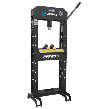 A black and yellow hydraulic press, named "Viking Hydraulic Press 20 Tonne Floor Type - PPF20S" from the brand "Sealey," features an adjustable work area on a white background and boasts a heavy-duty steel frame for added durability.