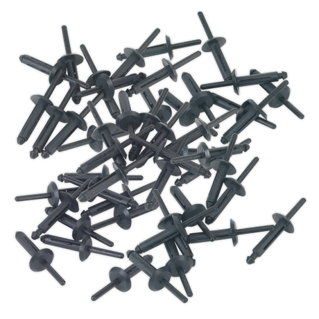 A scattering of Sealey plastic rivets, including Model No PR002 (Ø6.3 x 25.2mm Pack of 50), lies on a white surface.