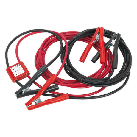 The Sealey Booster Cables 7m 450A 25mm² with 12/24V Electronics Protection - PROJ/12/24, featuring heavy-duty red and black cables with sturdy metal clamps and an integrated protection device on the red cable, are perfect for safely jump-starting your vehicle.