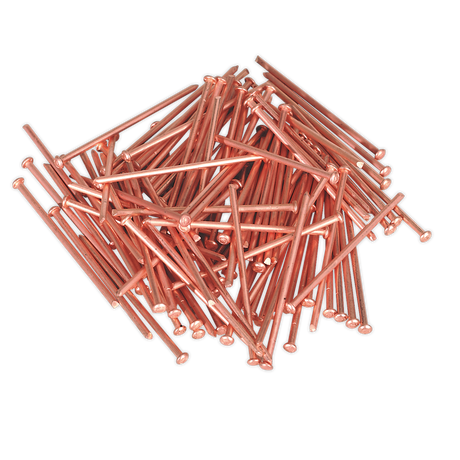 A pack of 100 shiny Stud Welding Nails (Sealey model PS/0003, 2 x 50mm) scattered on a white background, perfect accessories for stud welders.