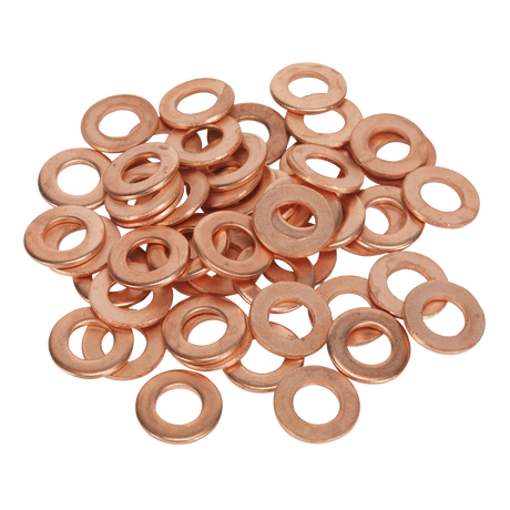 A collection of Sealey Stud Welding Washers, 8 x 16 x 1.5mm (Pack of 50, PS/000450), essential accessories for spot welders, is scattered across a white background.