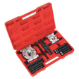 A Double Mechanical Bearing Separator/Puller Set 12pc (PS984) by Sealey comes in a red plastic case and includes Ø25-50mm separators, a 170mm thrust bolt, metal separators, a hexagonal puller, screws, and rods.