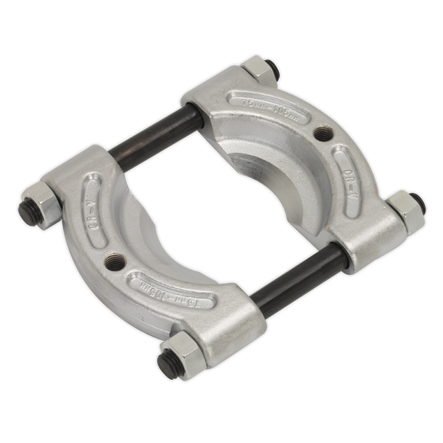 The Sealey Bearing Separator Ø75-105mm - PS988, featuring two curved, forged steel jaws and two black threaded rods, is designed for removing bearings, gears, and bushes from rotating machines.