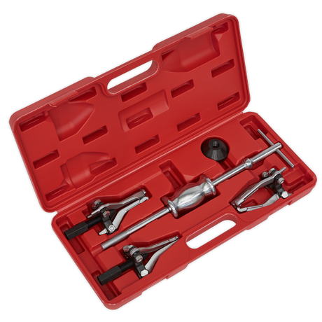 The Sealey Slide Hammer Gear/Bearing Puller Set 5pc - PS992 comes in a red plastic case and includes various attachments, such as triple leg pullers, suitable for automotive or mechanical use.
