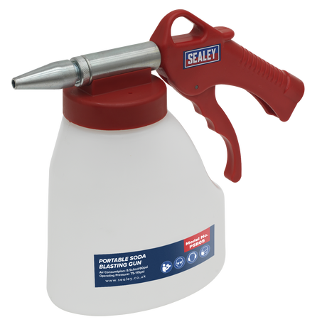 A red and white Sealey portable soda blasting gun with a silver adjustable nozzle, labeled as model number PSB05, ideal for paint removal.
