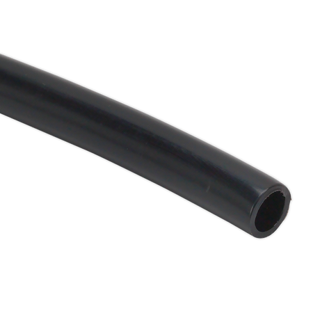 A close-up image of the Sealey Polyethylene Tubing 12mm x 100m Black (John Guest Speedfit® - PE1209100ME) - PT12100, highlighting its smooth surface and open cylindrical end, perfect for use in a pneumatic coupling system.