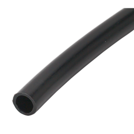 A Sealey Polyethylene Tubing 12mm x 100m in black (John Guest Speedfit® - PE1209100ME, PT12100) featuring a smooth outer surface and an open end.