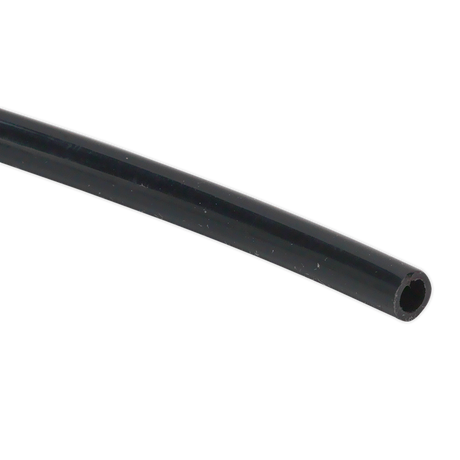 Close-up of a black, flexible Polyethylene Tubing 6mm x 100m (John Guest Speedfit® - PE06040100ME) - PT6100 by Sealey, featuring its hollow center, shown against a white background.