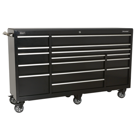 The Sealey Rollcab 15 Drawer 1845mm Heavy-Duty Black - PTB183015 is a large rolling tool chest in black with multiple drawers and a top lock, featuring durable heavy-duty steel construction and an integral locking system for secure, organized tool storage.