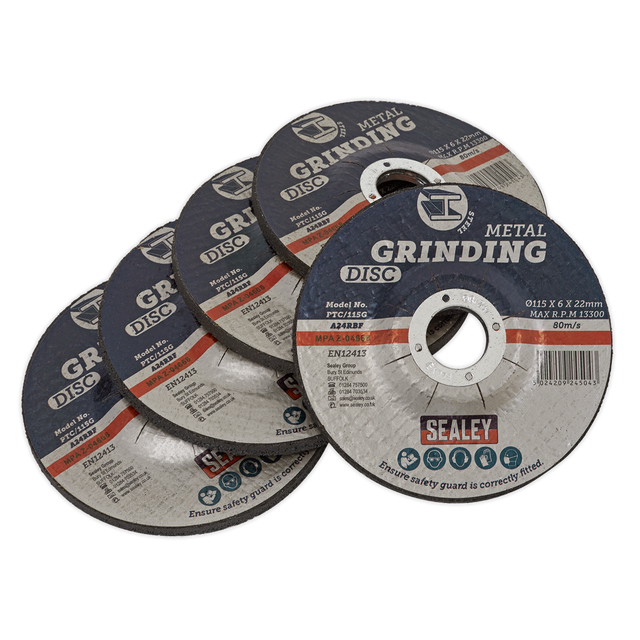 A set of five Sealey grinding discs, model number PTC/115G5, each with dimensions of Ø115 x 6mm and a Ø22mm bore, and a maximum RPM of 13,300.