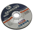 A close-up of the Sealey Grinding Disc Ø115 x 6mm Ø22mm Bore - PTC/115G, specifically designed for metal grinding applications, with a maximum speed of 13,300 RPM. This aluminium oxide depressed centre disc ensures precision and durability.