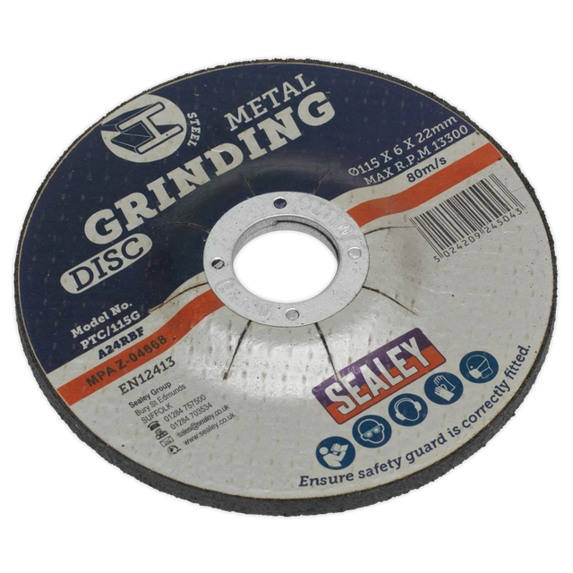 A close-up of the Sealey Grinding Disc Ø115 x 6mm Ø22mm Bore - PTC/115G, specifically designed for metal grinding applications, with a maximum speed of 13,300 RPM. This aluminium oxide depressed centre disc ensures precision and durability.