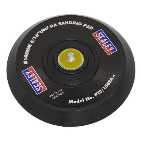 The Sealey DA Backing Pad for Stick-On Discs features a 145mm diameter and a 5/16" UNF threading. It is designed for DA type sanders, with model number PTC/150SA. Capable of reaching a maximum speed of 10,000rpm, this pad is ideal for use with air tools and ensures efficient sanding when used with stick-on discs.