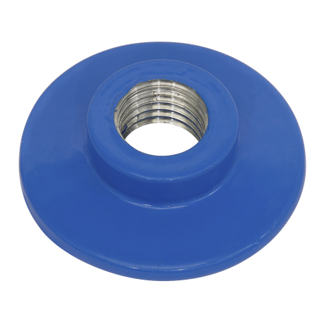 The Sealey Pad Nut for PTC/BP3 Backing Pad M10 x 1.25mm - PTC/BP3/NUT is a blue plastic threaded flange that features a central metal screw hole, making it compatible with M10 x 1.25mm fittings.