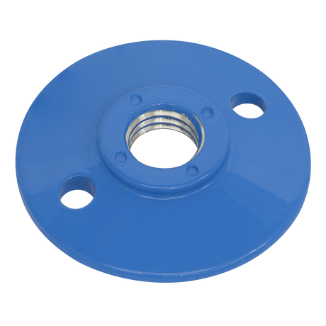 The Sealey Pad Nut for PTC/BP4 Backing Pad (M14 x 2mm) - PTC/BP4/NUT is a blue, round metal mounting plate with a centered threaded hole and two additional smaller holes on either side, making it ideal for secure fastening with a locknut.