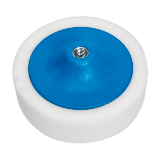 A Sealey Buffing & Polishing Foam Head, model PTC/CH/5/8-W, which is a round white and blue premium foam buffing pad with a threaded 5/8" UNC metal insert in the center.